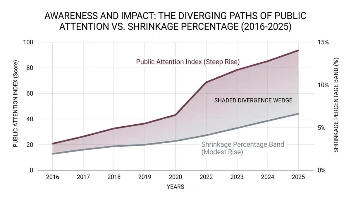 Two lines diverging: viral theft coverage versus measured shrinkage