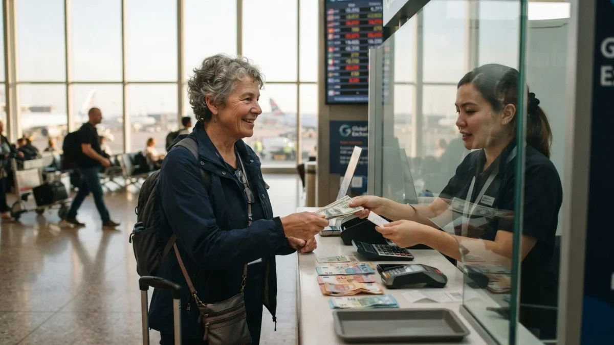 Travelers exchanging currency at an airport kiosk between flights