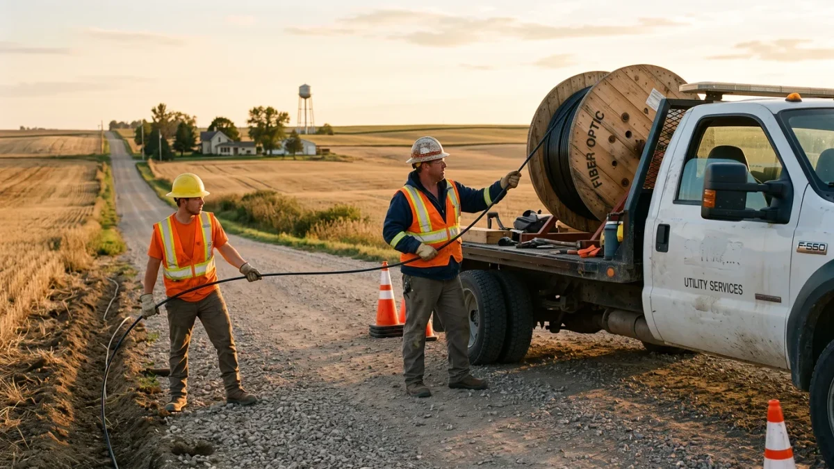 Fiber installation crew unspooling cable along a rural roadside