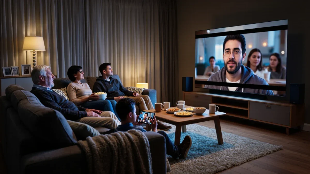 Family watching a letterboxed film on a large living-room television