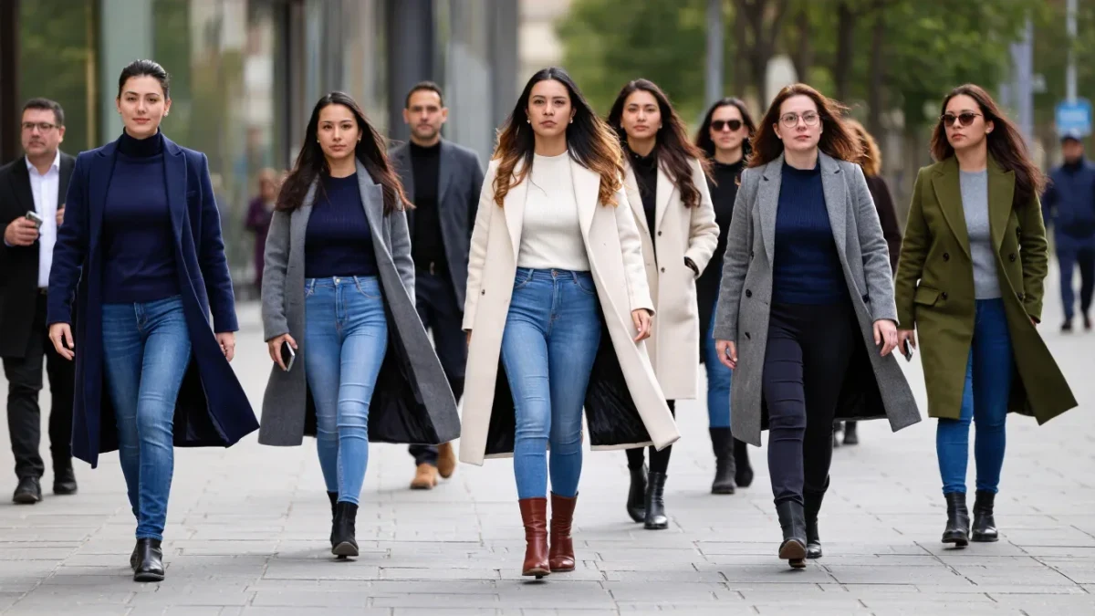 Diverse real people in coordinated neutral casual outfits on city street