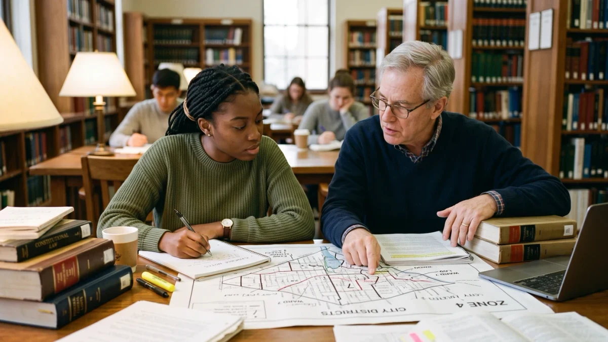 Law students studying Voting Rights Act casebook in library