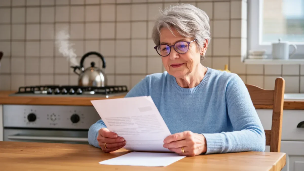 Retired teacher reviewing a Social Security benefit notice at her kitchen table