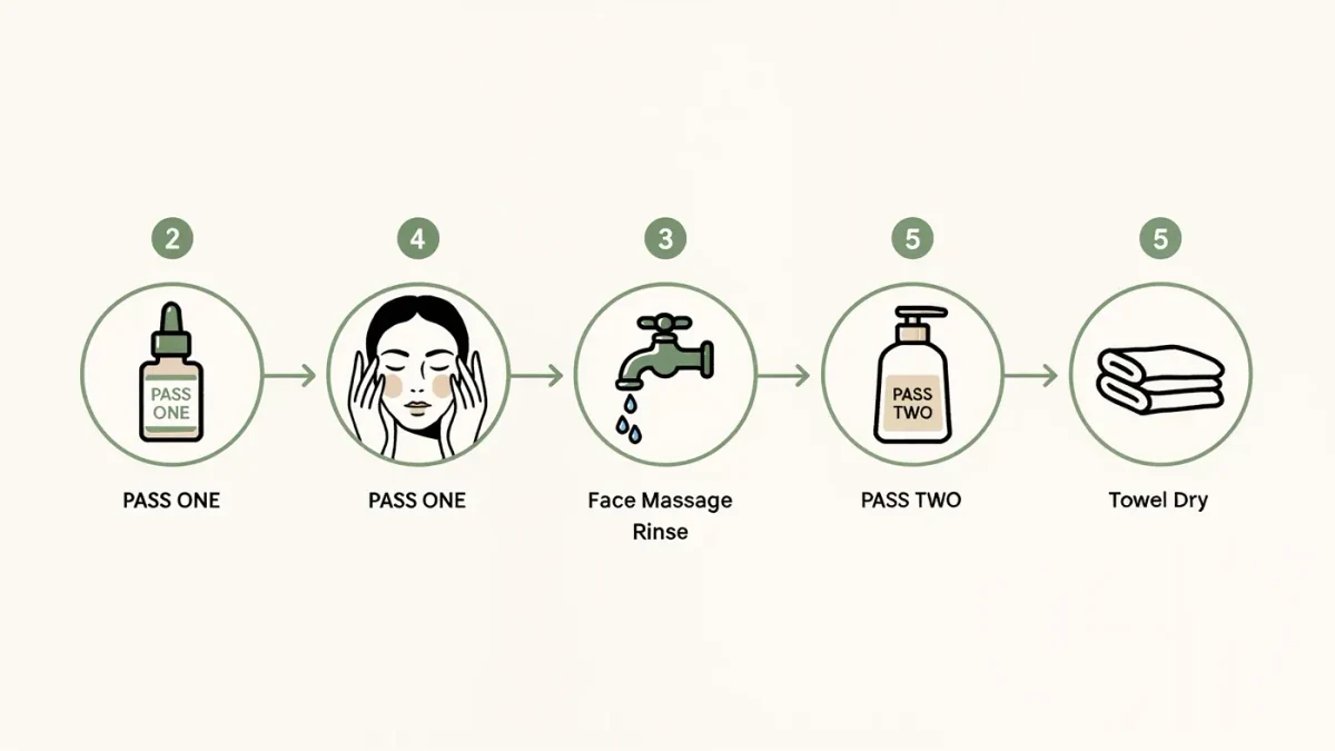 Infographic of the two-pass makeup removal method with five numbered steps