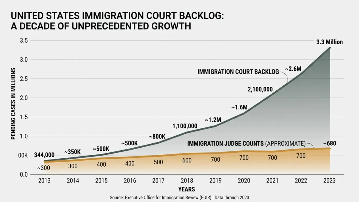 Ascending backlog line chart across years with judge count comparison
