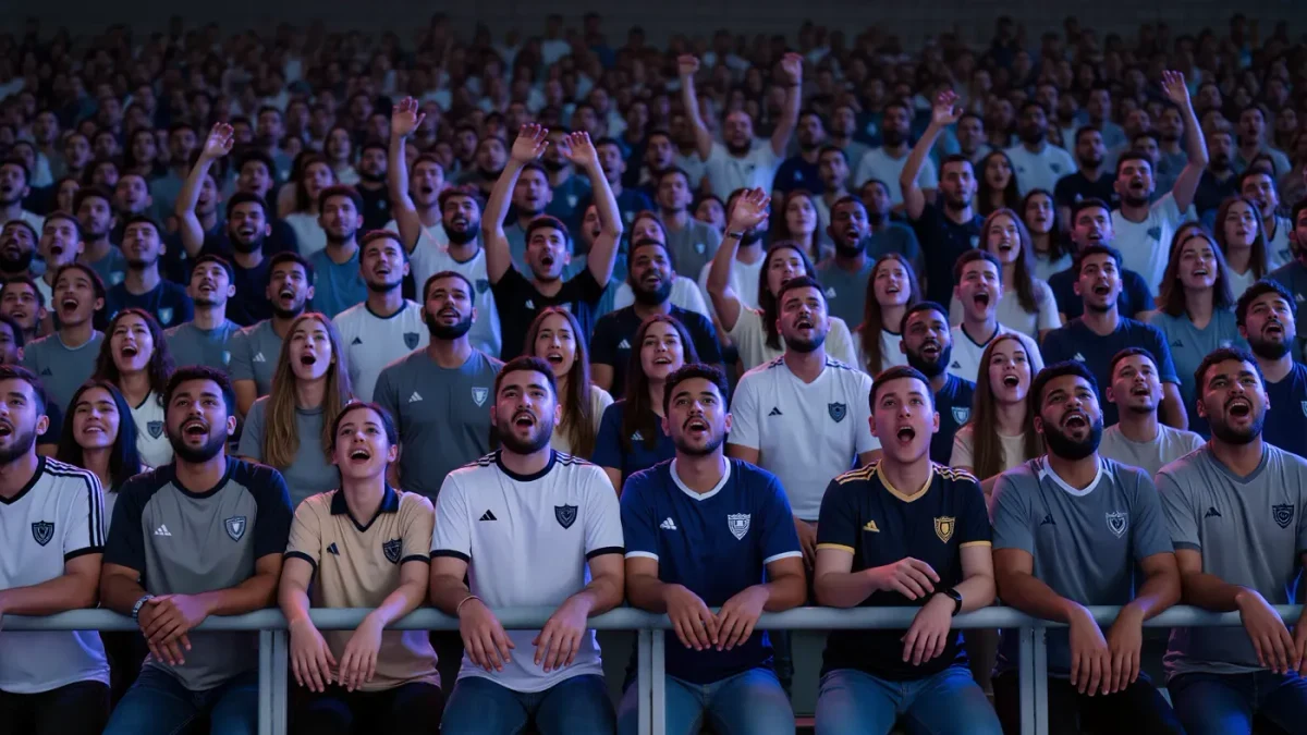 Fans in league jerseys watching a stage match at an esports arena