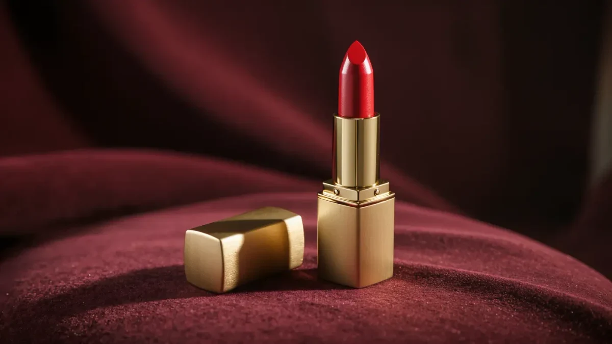 Macro photograph of a classic red lipstick bullet beside its open gold metal case