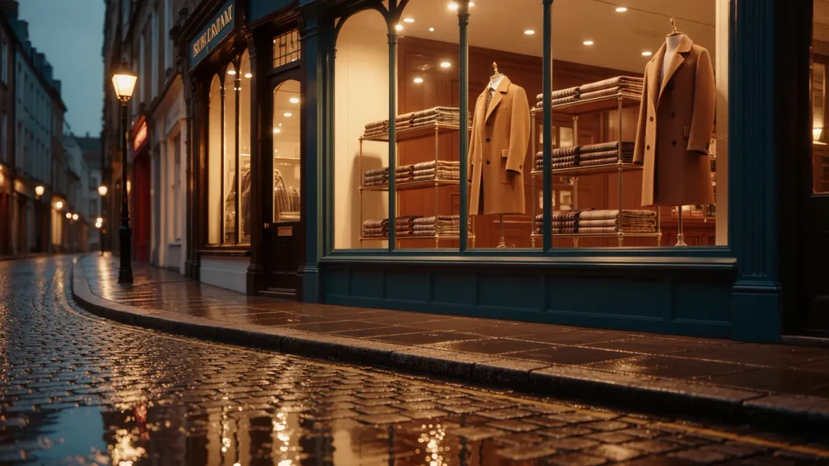 Photojournalistic dusk scene of a luxury heritage boutique window displaying folded check scarves and a camel wool coat, wet pavement reflecting warm interior light, no people