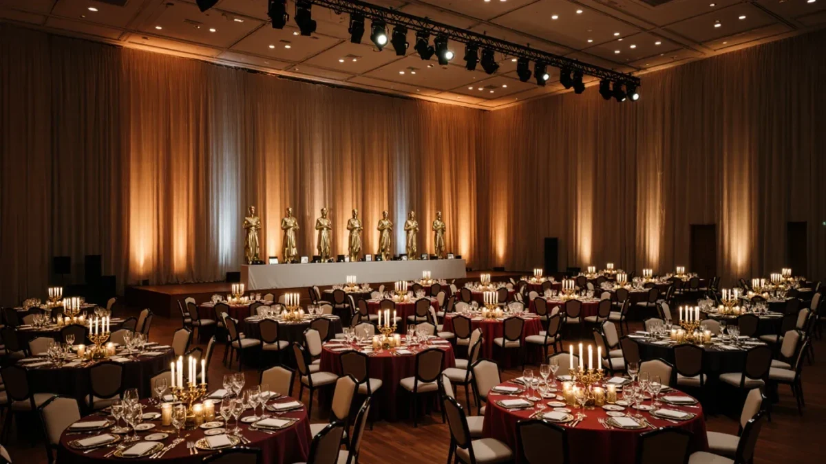Empty awards show ballroom with gold statuettes on a table