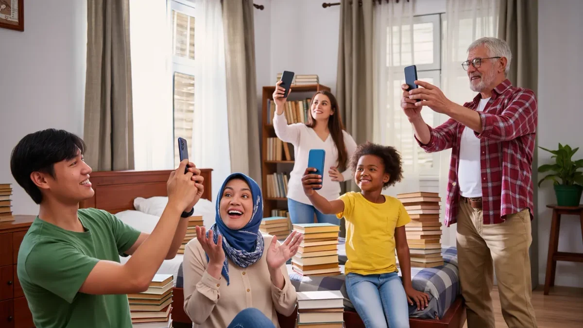 Young readers filming phone reaction videos beside tall stacks of paperbacks