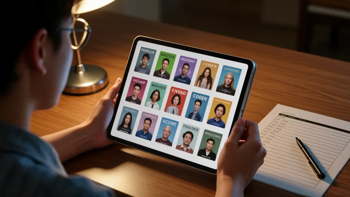 Reader with a tablet showing an ordered series collection grid