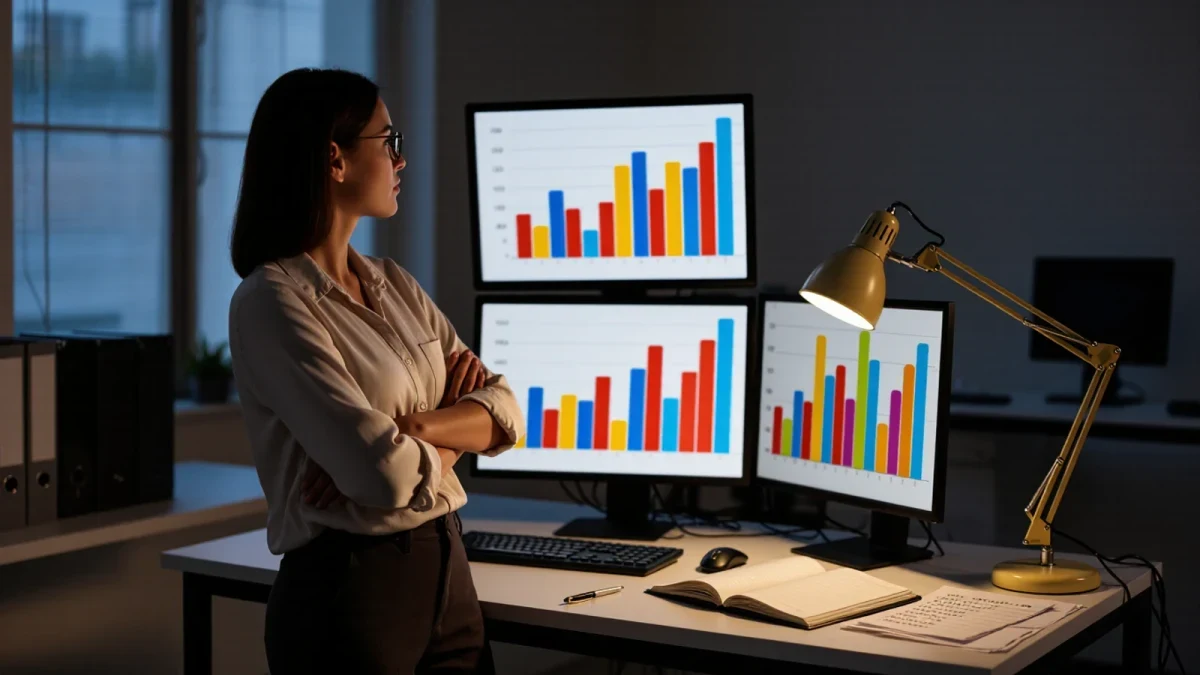 Analyst examining volume bar charts across multiple monitors
