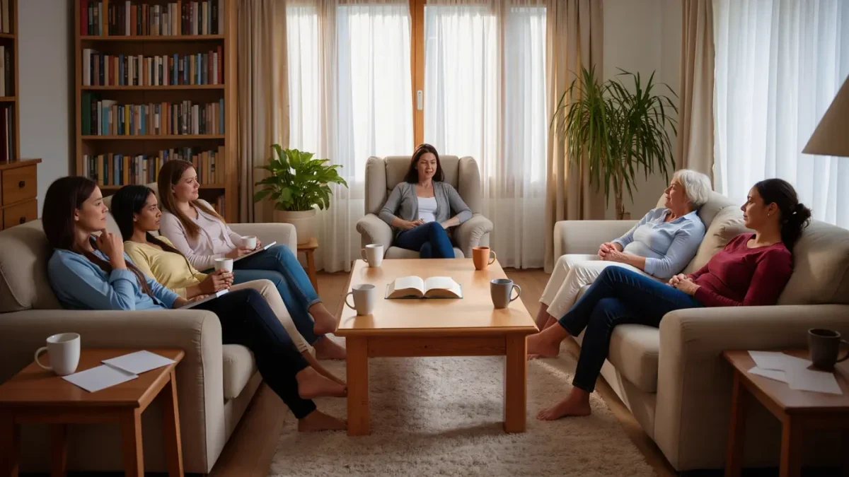 Diverse book club members reacting to a novel in a living room