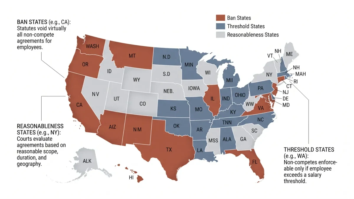 Infographic map of US states by non-compete restriction level