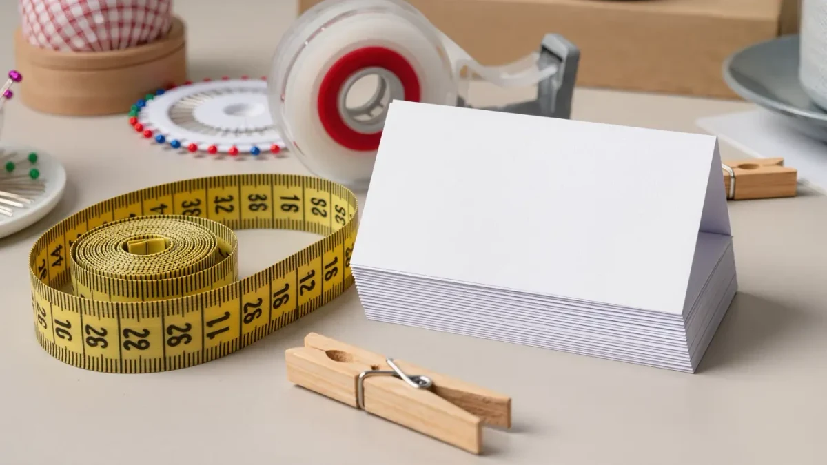 Close-up of a coiled measuring tape beside blank model cards on a casting table