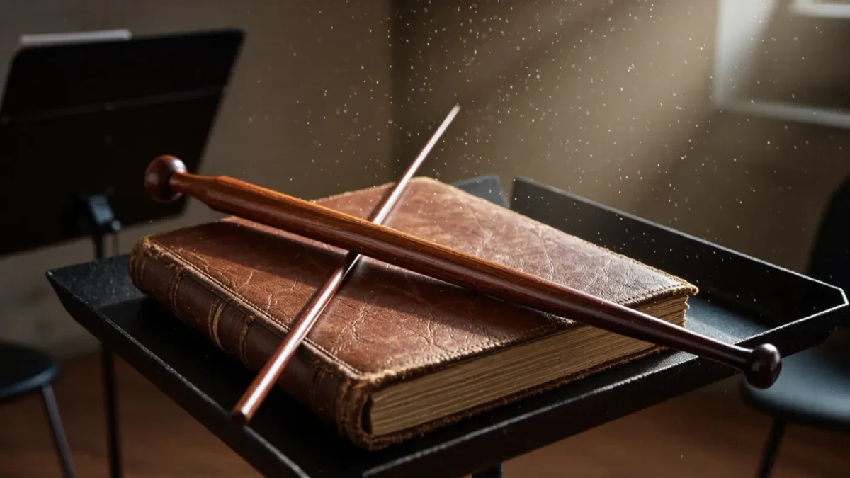Conductor's baton resting on a manuscript folder atop an orchestra stand