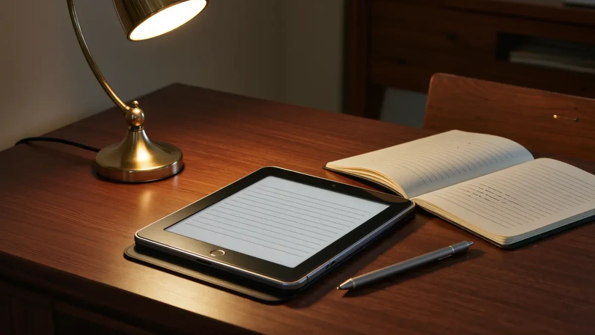 Desk with e-reader, stylus, and open notebook in evening light