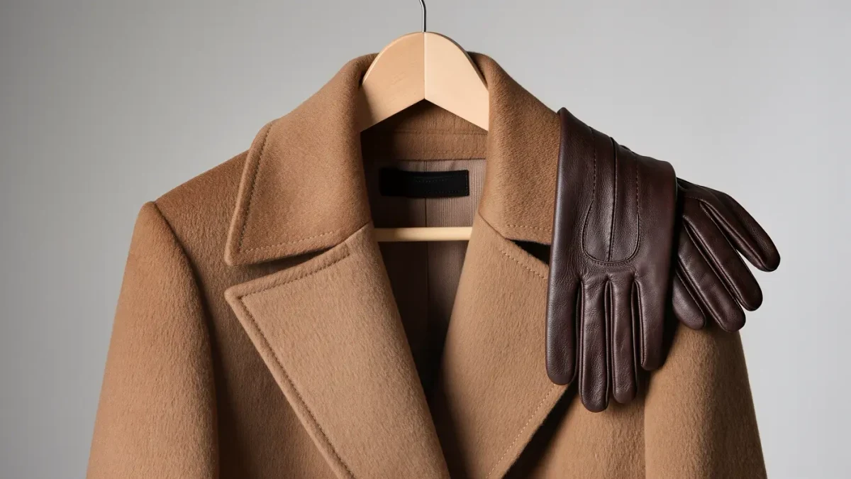 Close-up of a camel wool coat lapel with leather gloves on a hanger backstage