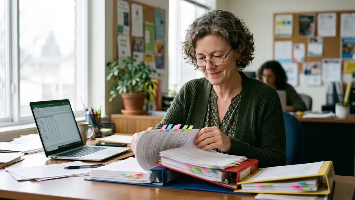 Nonprofit finance officer assembling multiple grant report binders