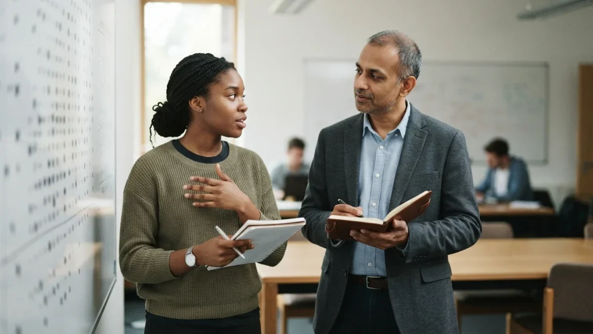 Two graduate students discussing a projection in a seminar room