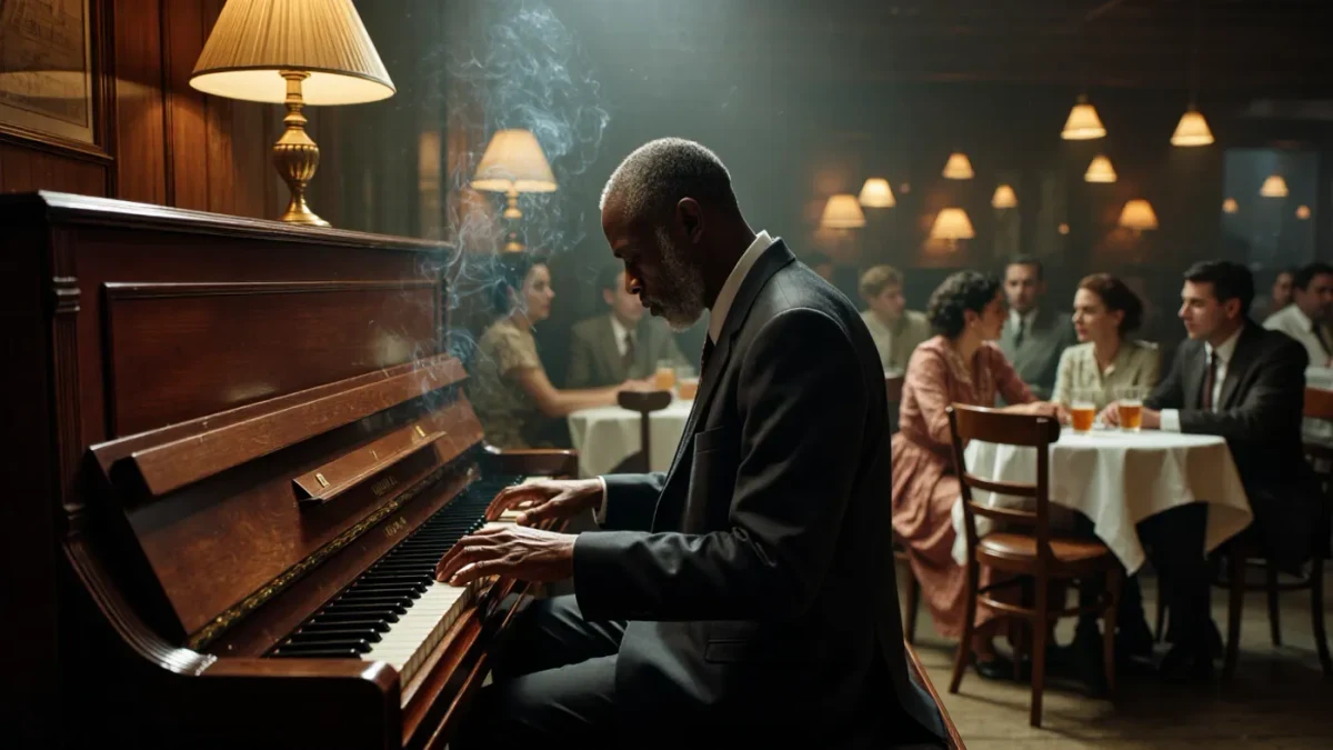 Pianist at an upright piano inside a dim crowded café