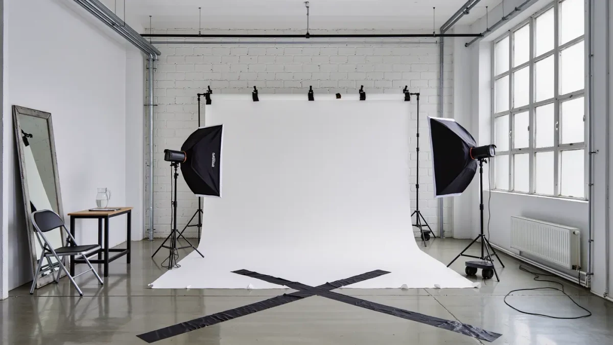 Empty casting studio with plain backdrop and light stands