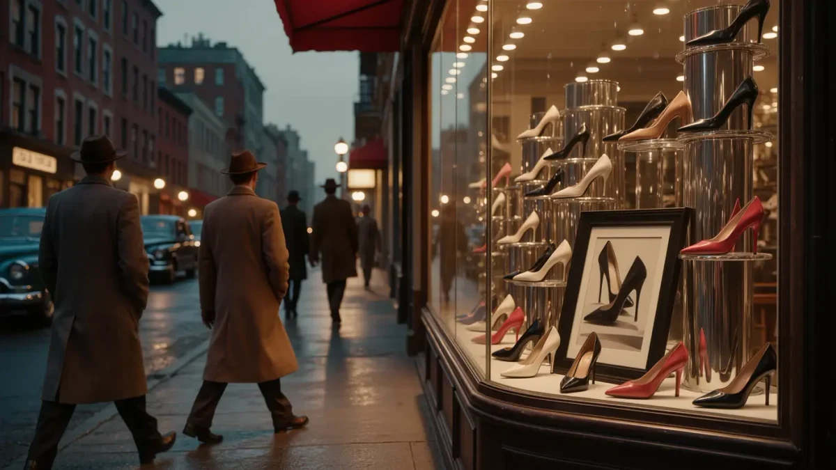 Vintage 1950s shoe shop window with hand-drawn fashion illustrations in New York