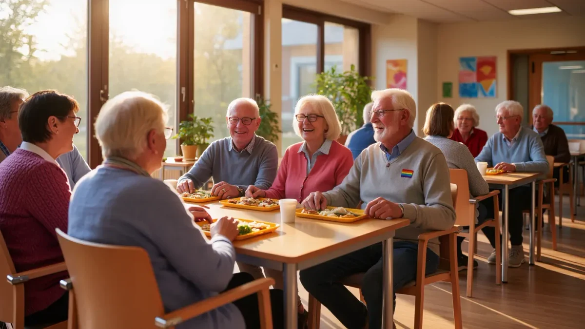 Older adults laughing together over lunch at a community center