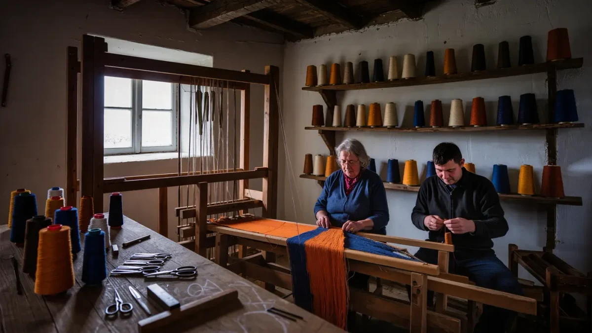 Weavers of different ages working hand looms in naturally lit island and mill workshops