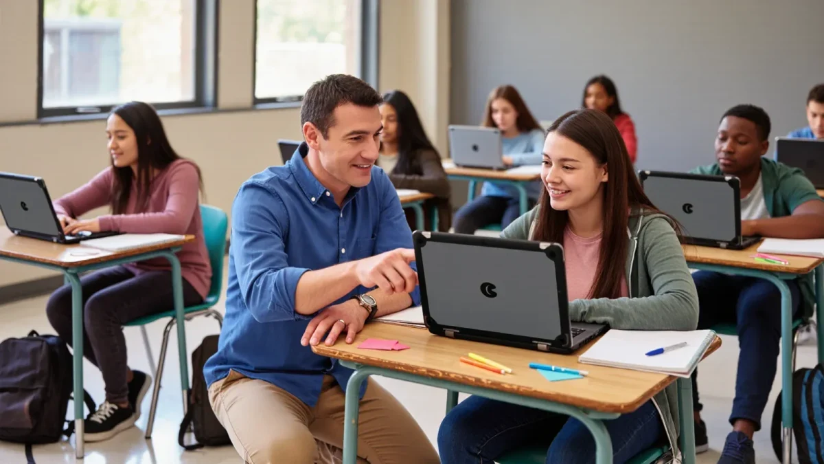 Middle school students using Chromebooks in a bright classroom
