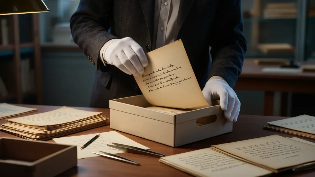 An archivist in white gloves examining manuscript letters