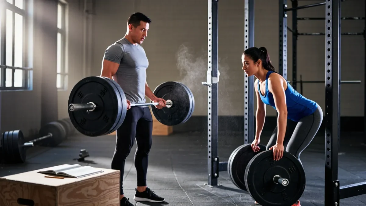 Lifter loading plates on a barbell between heavy training sets