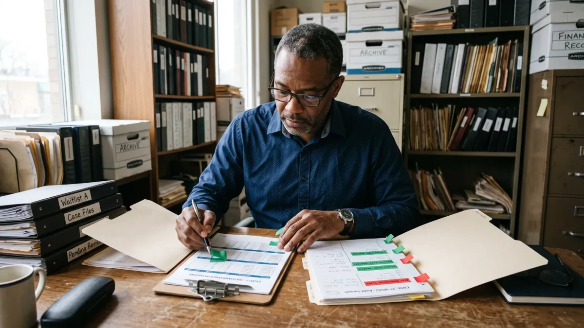 Auditor comparing reported metrics against sampled case files