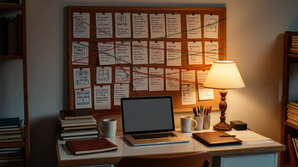 Author's desk with a wall of index cards mapping a book series