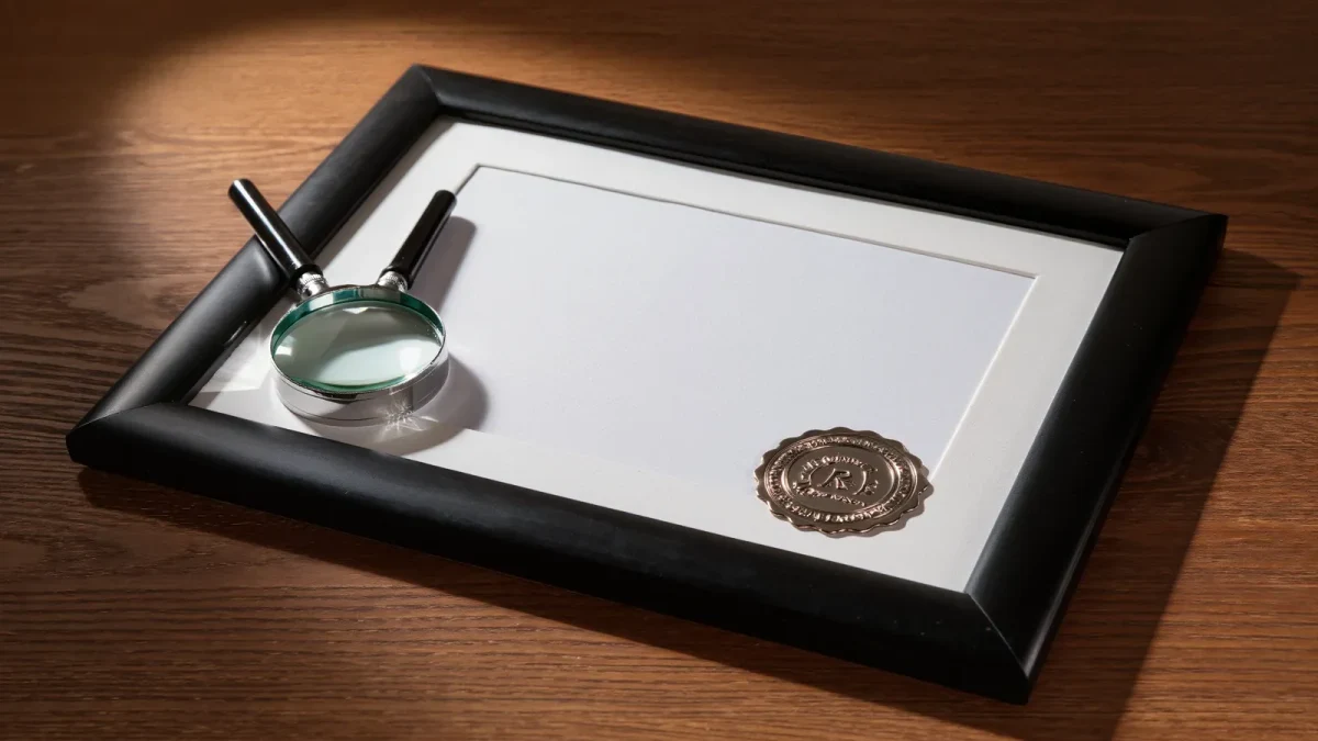 Framed diploma and seal macro shot under studio lighting