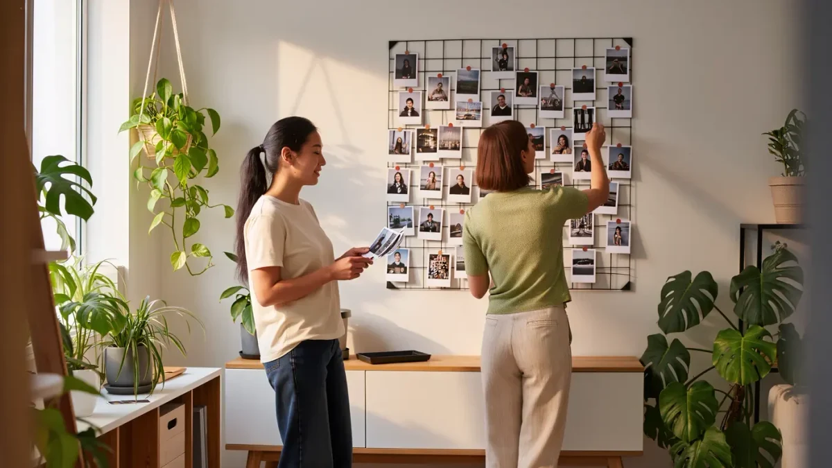 Two friends rearranging printed photos on a studio wall grid