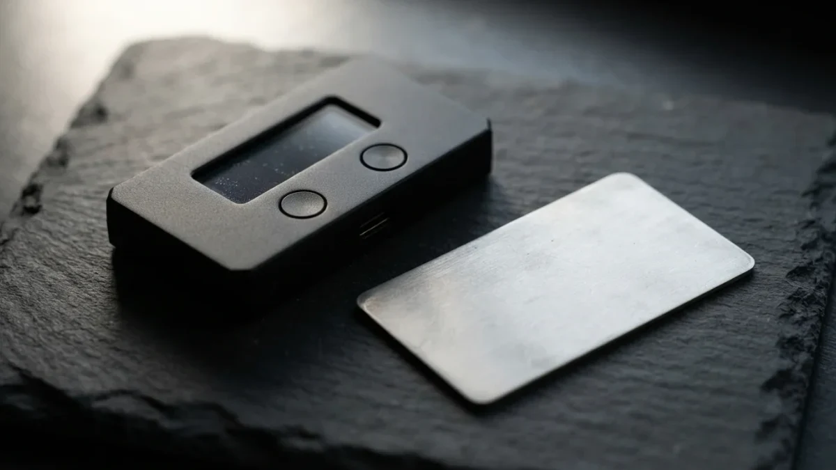 Unbranded hardware wallet beside a blank steel backup plate, studio close-up