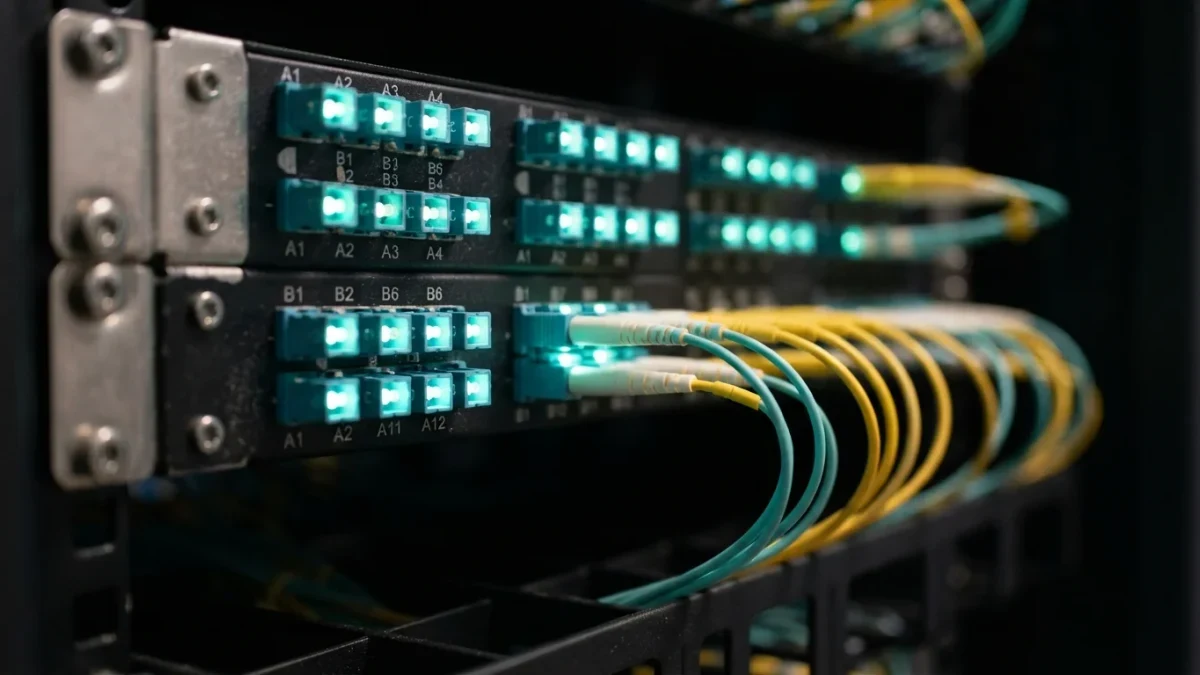 Close-up of an optical patch panel with rows of fiber connectors