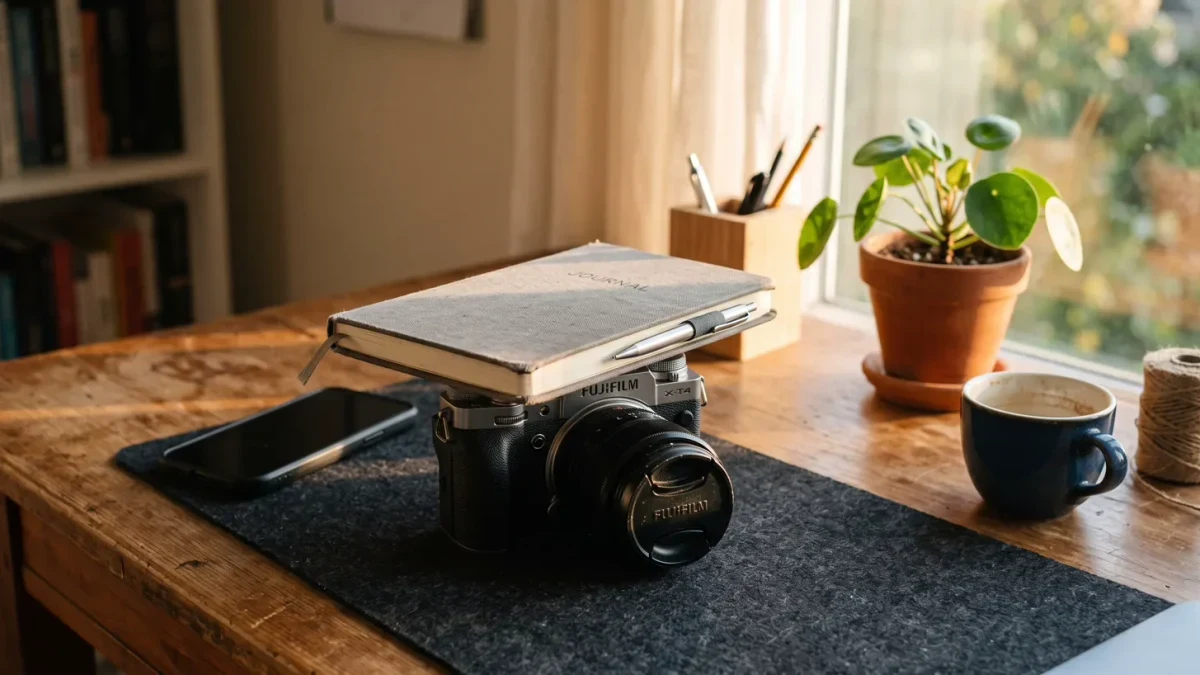 Closed notebook and camera resting on a quiet desk