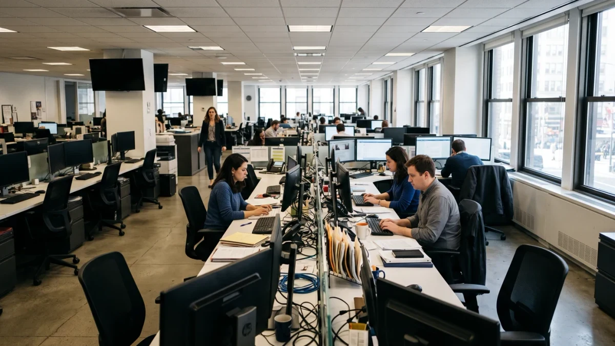 Wire agency newsroom desk with empty chairs during restructuring