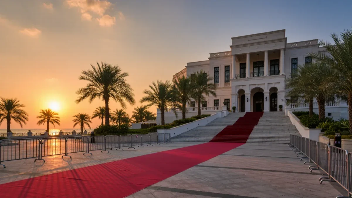 Festival palace facade with red carpet laid at sunrise