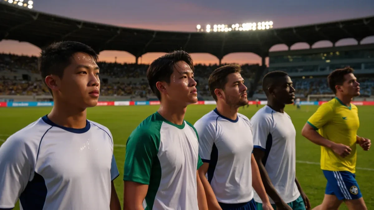 Substitute players warming up together along a stadium touchline at dusk