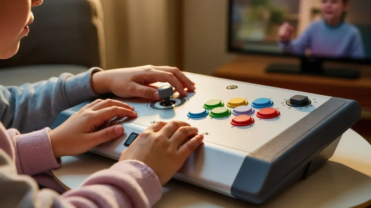 Child's hands using a large-button adaptive game controller with external switches