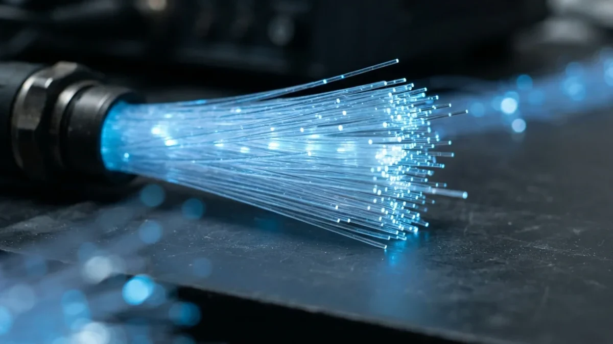 Glowing fiber-optic strands streaming blue light pulses across a dark surface
