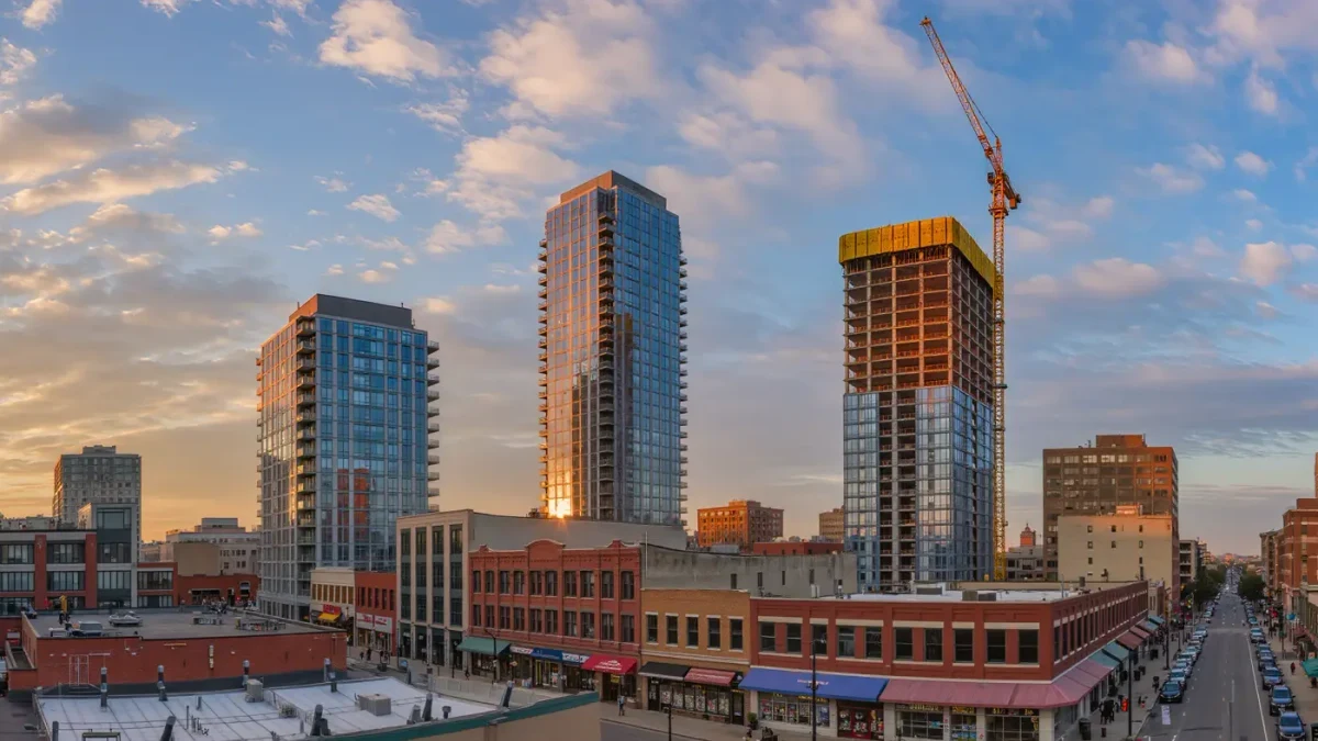 Crane and new apartment towers rising over downtown