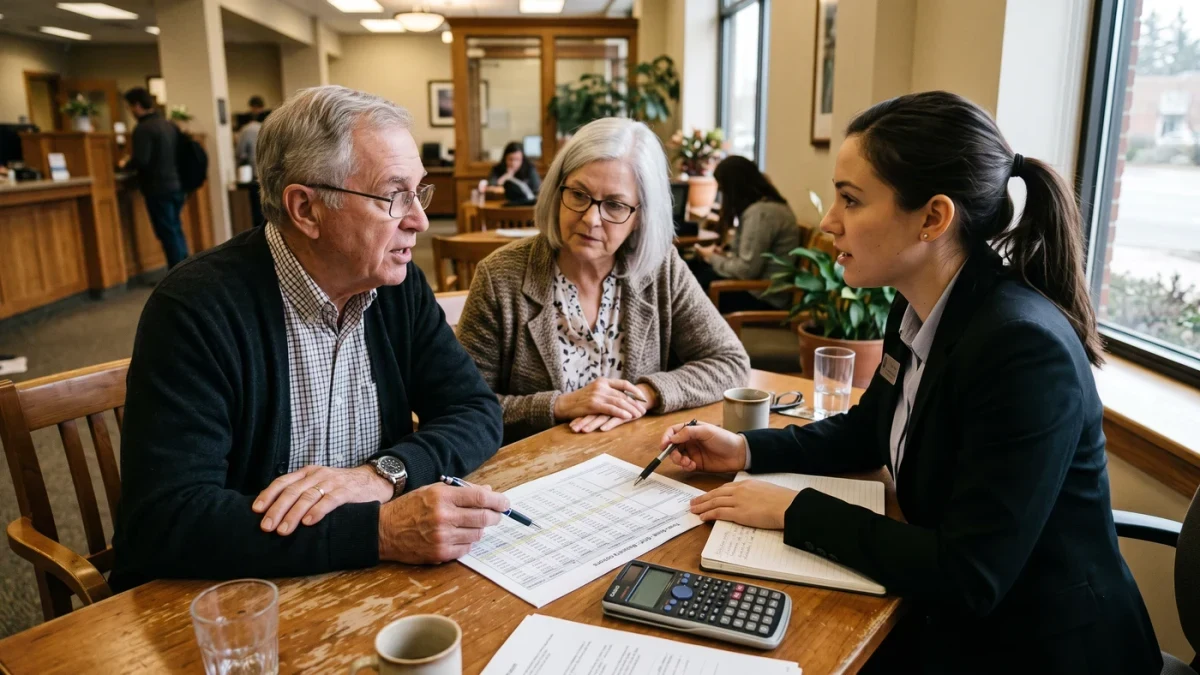 Saver comparing term options with a banker across a desk