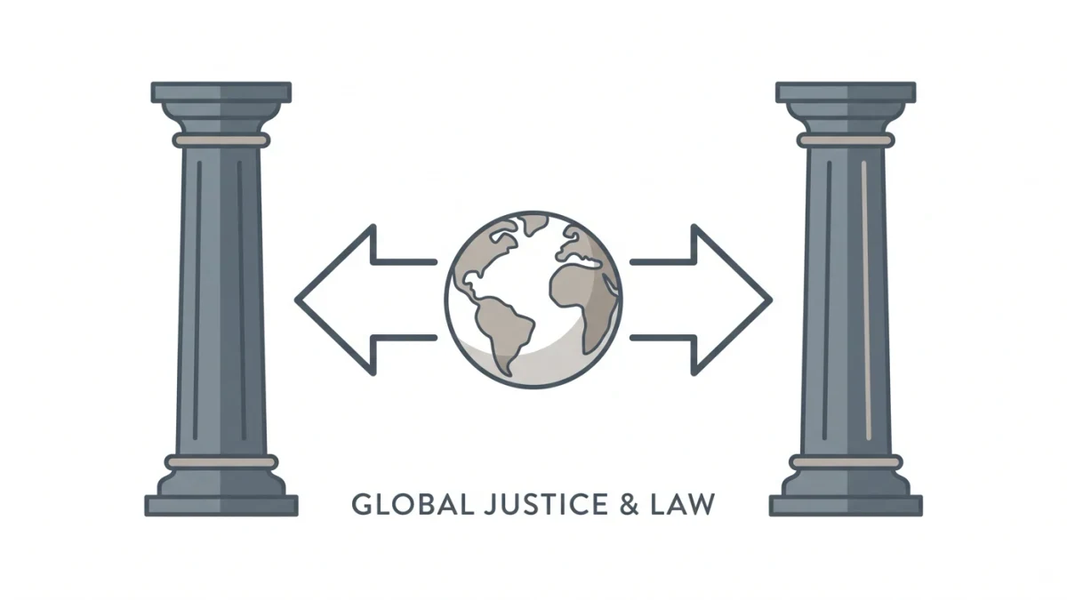 Two regulatory flags above opposing courthouse columns