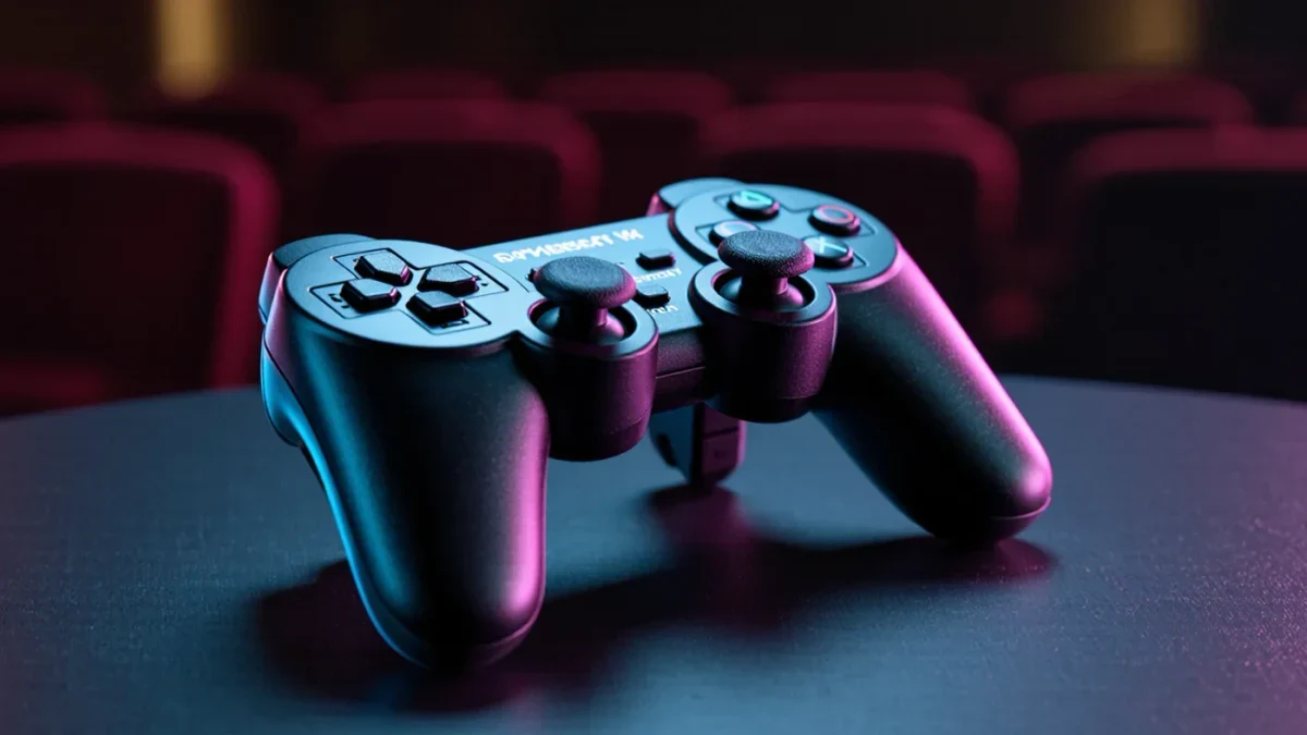 Retro game controller lit dramatically against a dark studio backdrop