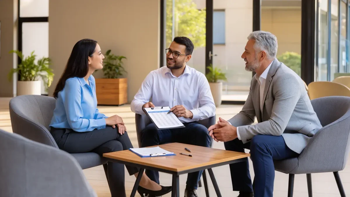 Two borrowers discussing loan options with an advisor in an office lobby