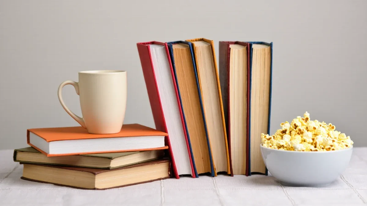 Studio close-up of stacked assorted hardcover books with mug